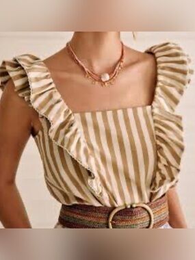 Sézane Meredith camel ecru striped ruffle cotton tank top